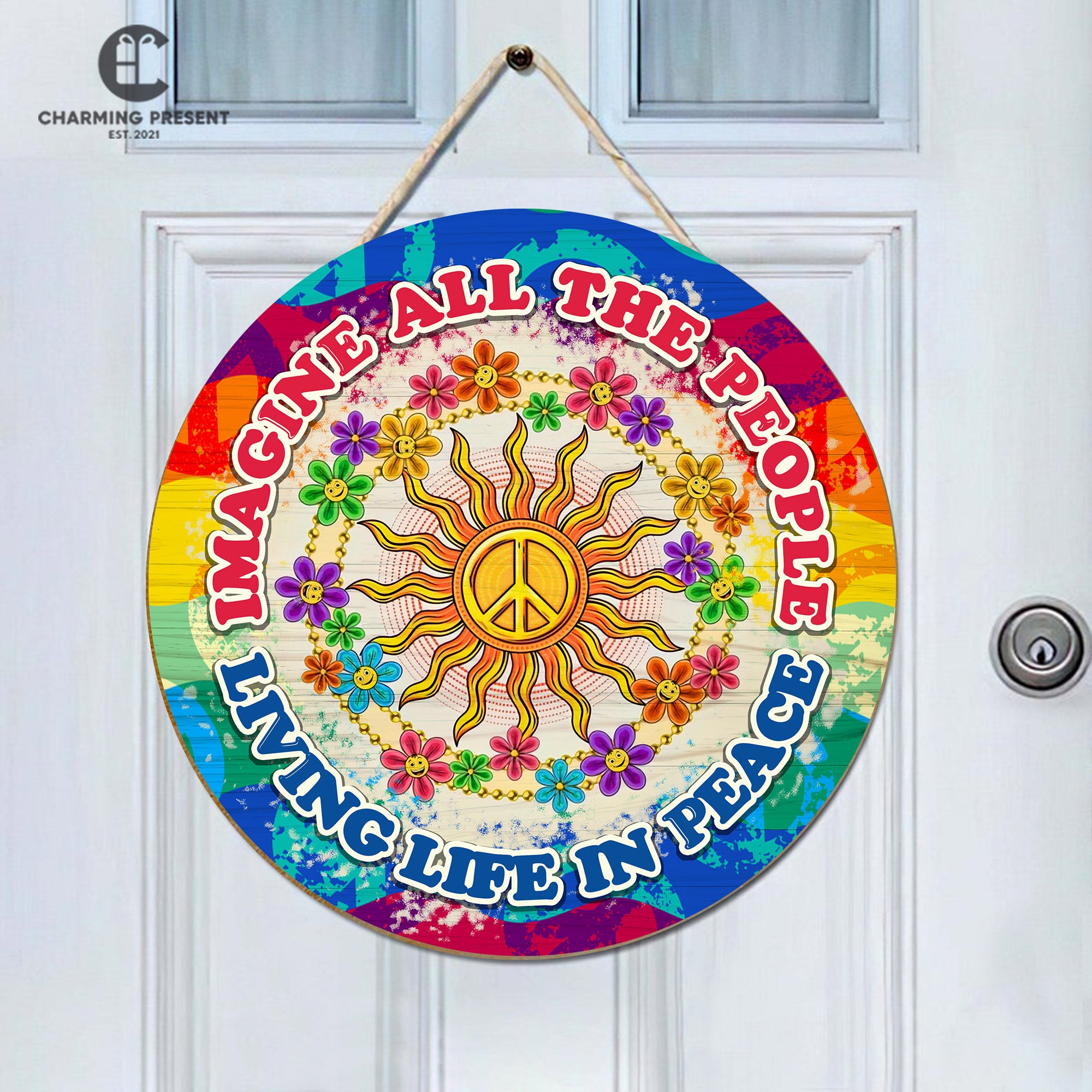 Peace Sign Hippie Front Door Hanger - Imagine All The People Living Life In Peace Wooden Door Sign