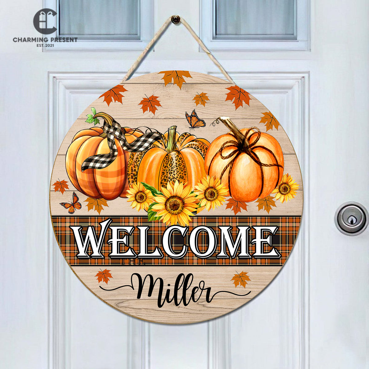 Personalized Fall Front Door Hanger - Family Name Initial Wooden Door Sign