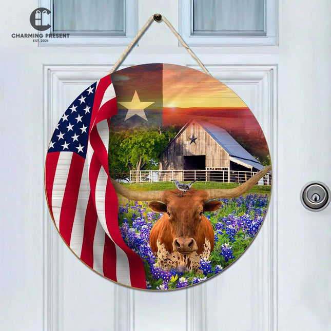 Texas Longhorn Cow Bluebonnet Front Door Hanger - Texas State With Longhorn Cow Wooden Door Sign - Charming Present