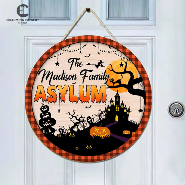Personalized Halloween Family Asylum Door Sign - Family Name Initial Wooden Door Sign - Charming Present
