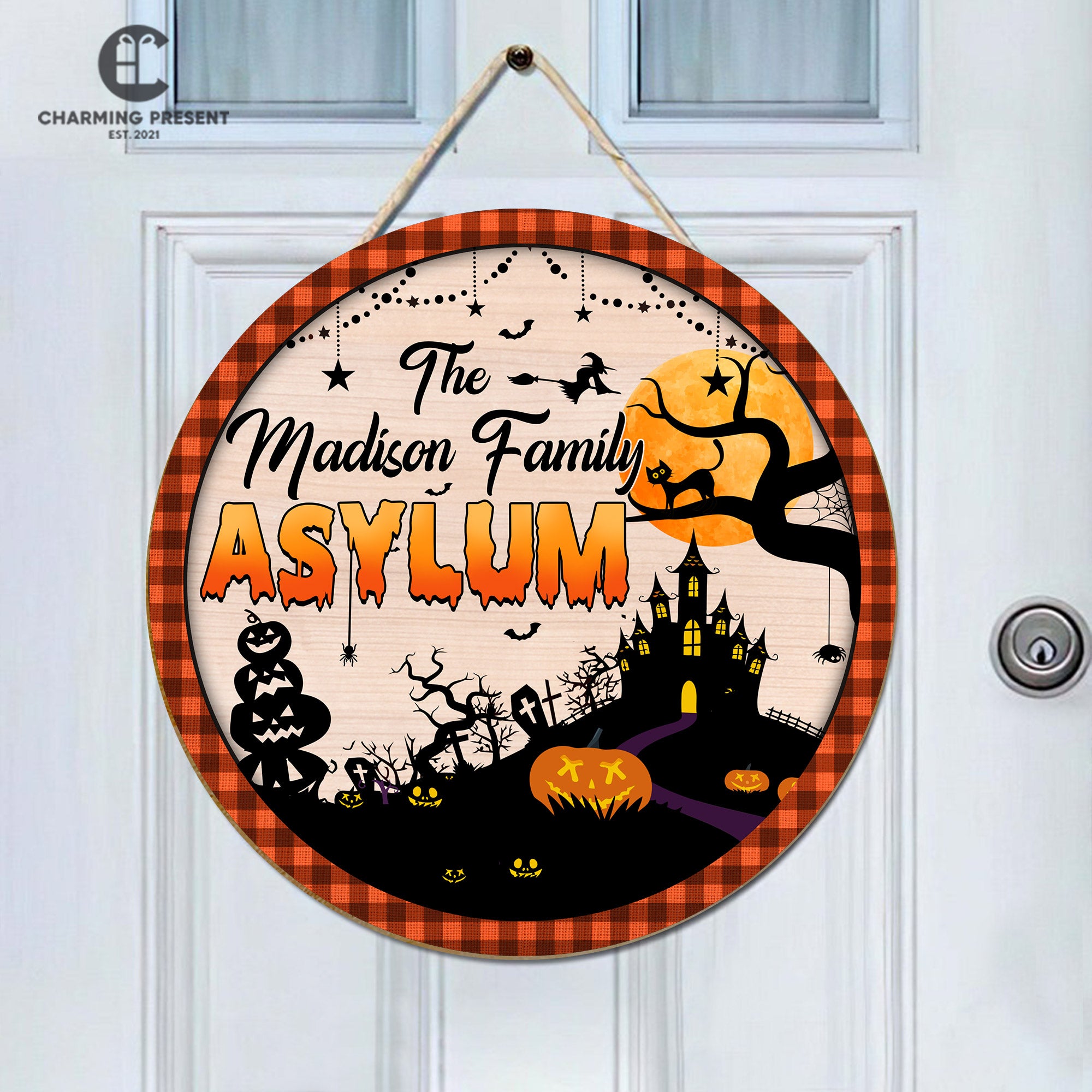 Personalized Halloween Family Asylum Door Sign - Family Name Initial Wooden Door Sign