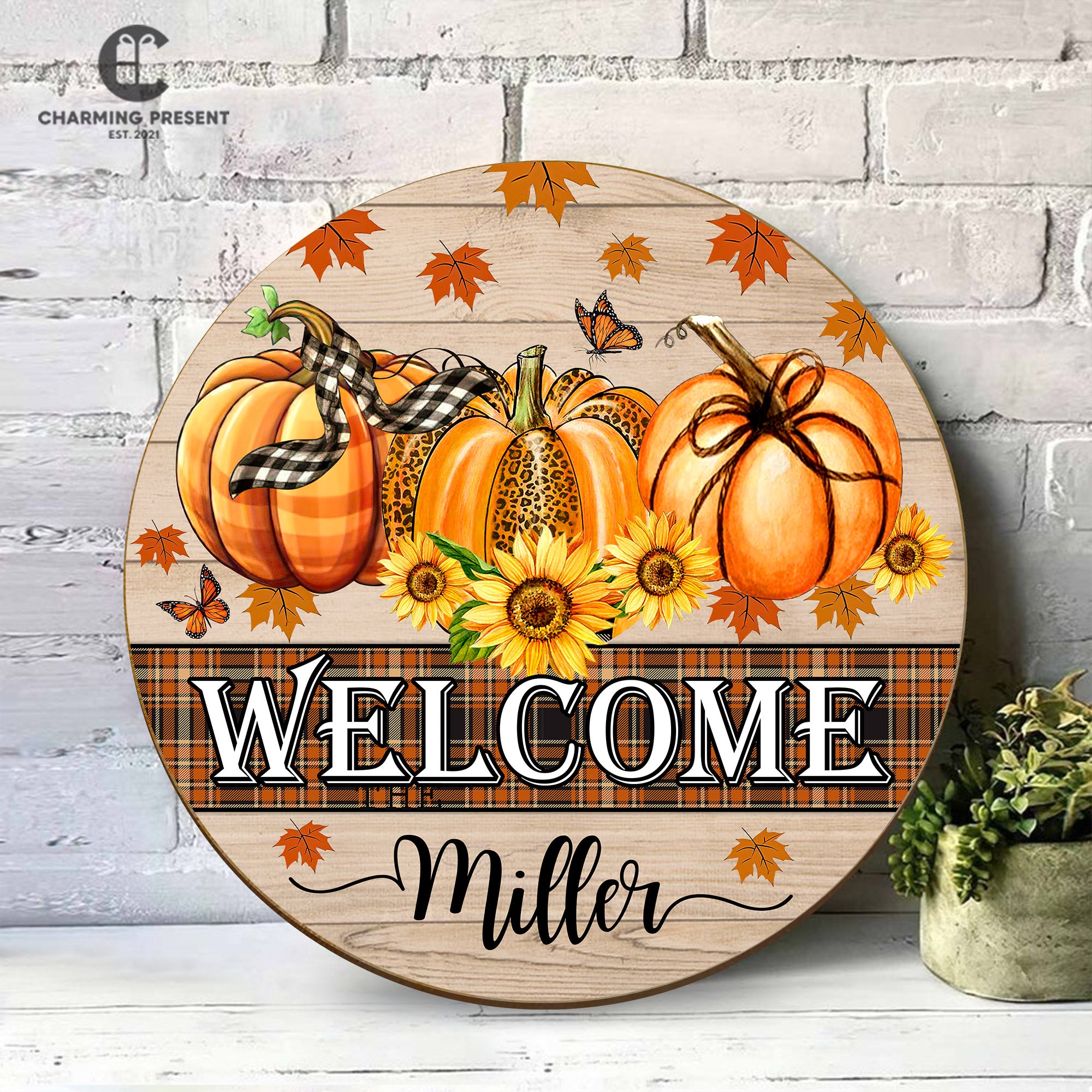 Personalized Fall Front Door Hanger - Family Name Initial Wooden Door Sign