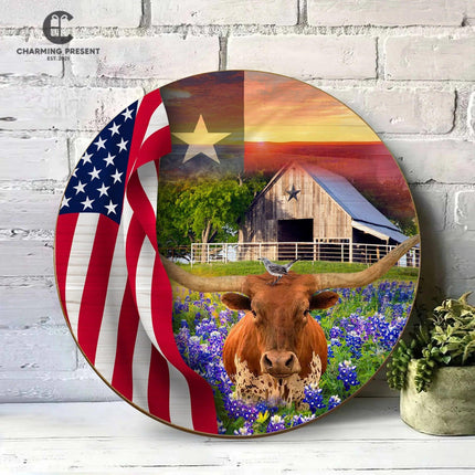 Texas Longhorn Cow Bluebonnet Front Door Hanger - Texas State With Longhorn Cow Wooden Door Sign - Charming Present