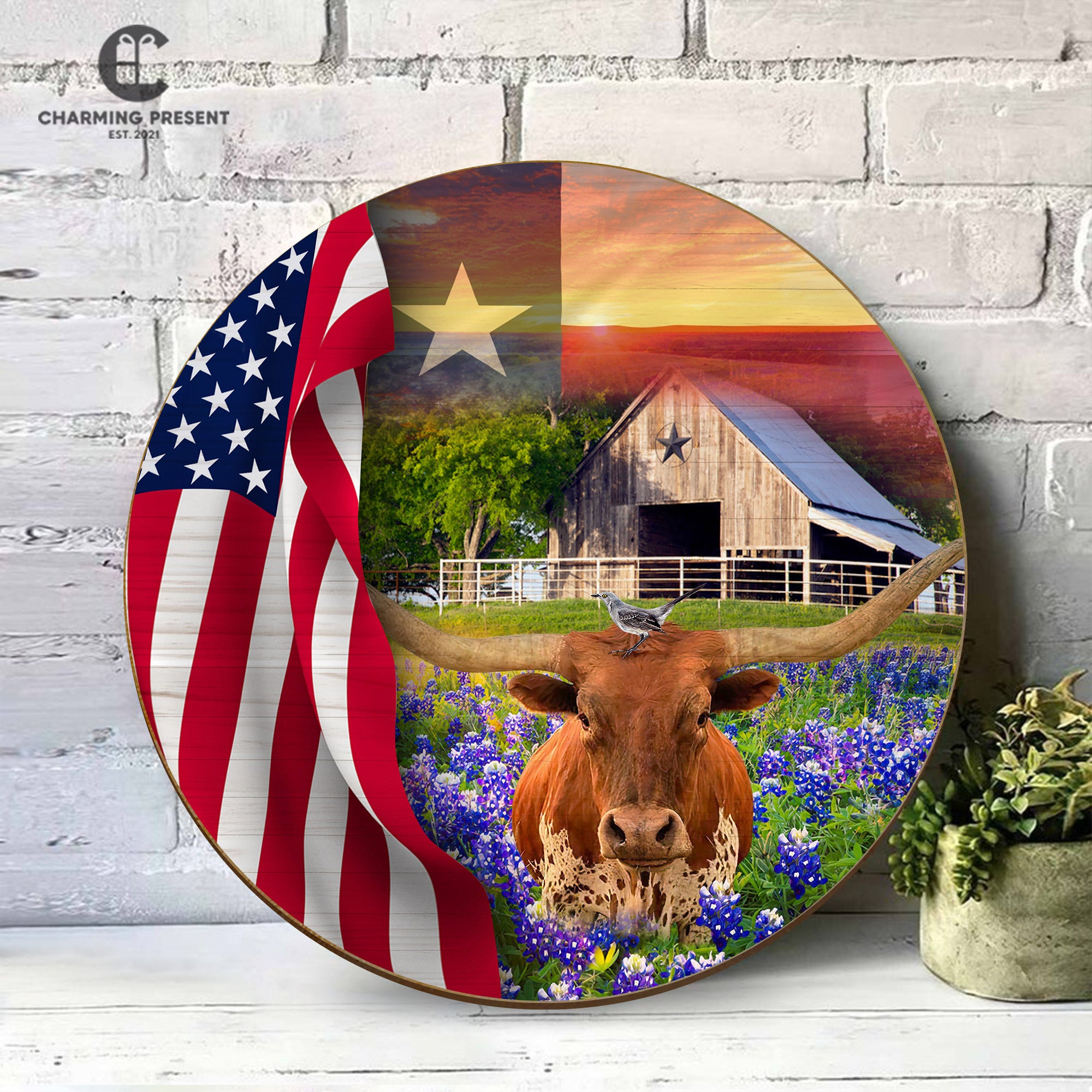 Texas Longhorn Cow Bluebonnet Front Door Hanger - Texas State With Longhorn Cow Wooden Door Sign