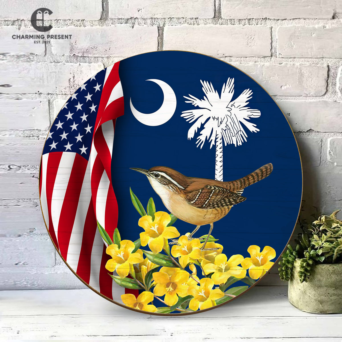 South Carolina State Front Door Hanger - Carolina Wren With Yellow Jessamine Wooden Door Sign