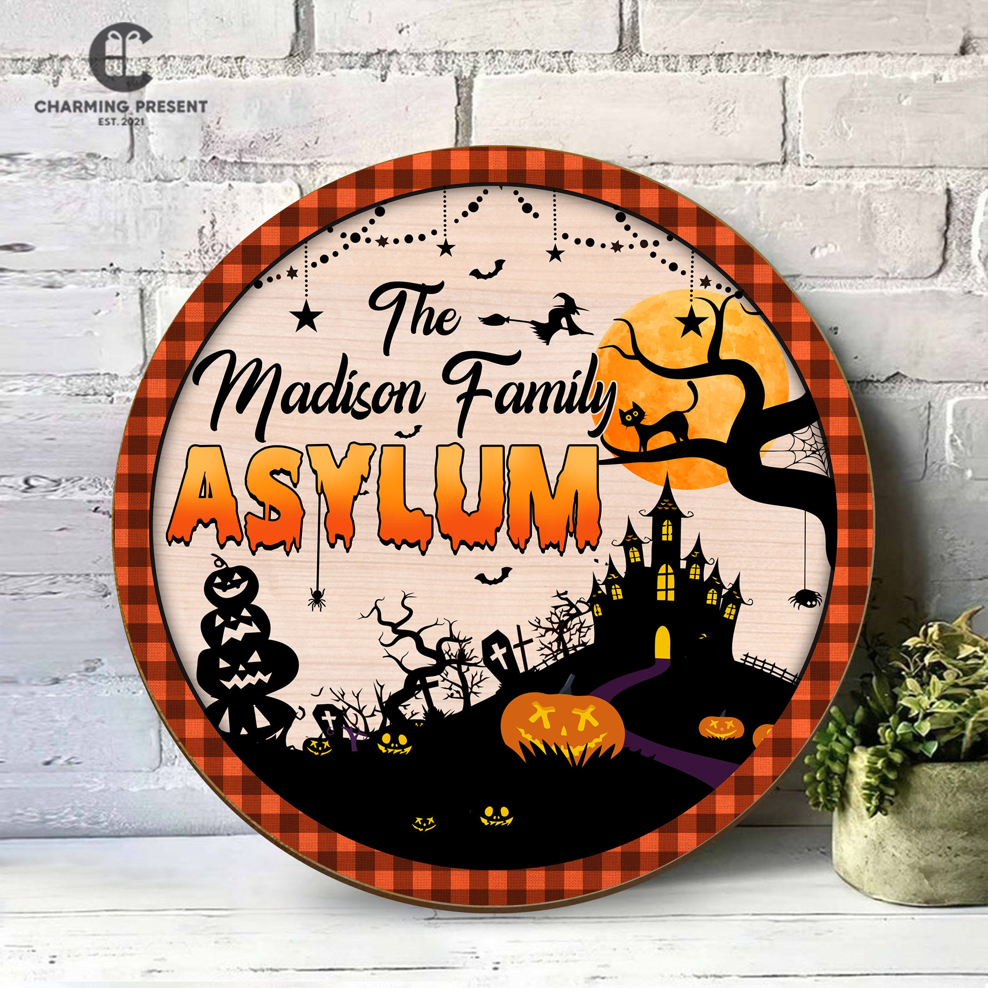 Personalized Halloween Family Asylum Door Sign - Family Name Initial Wooden Door Sign