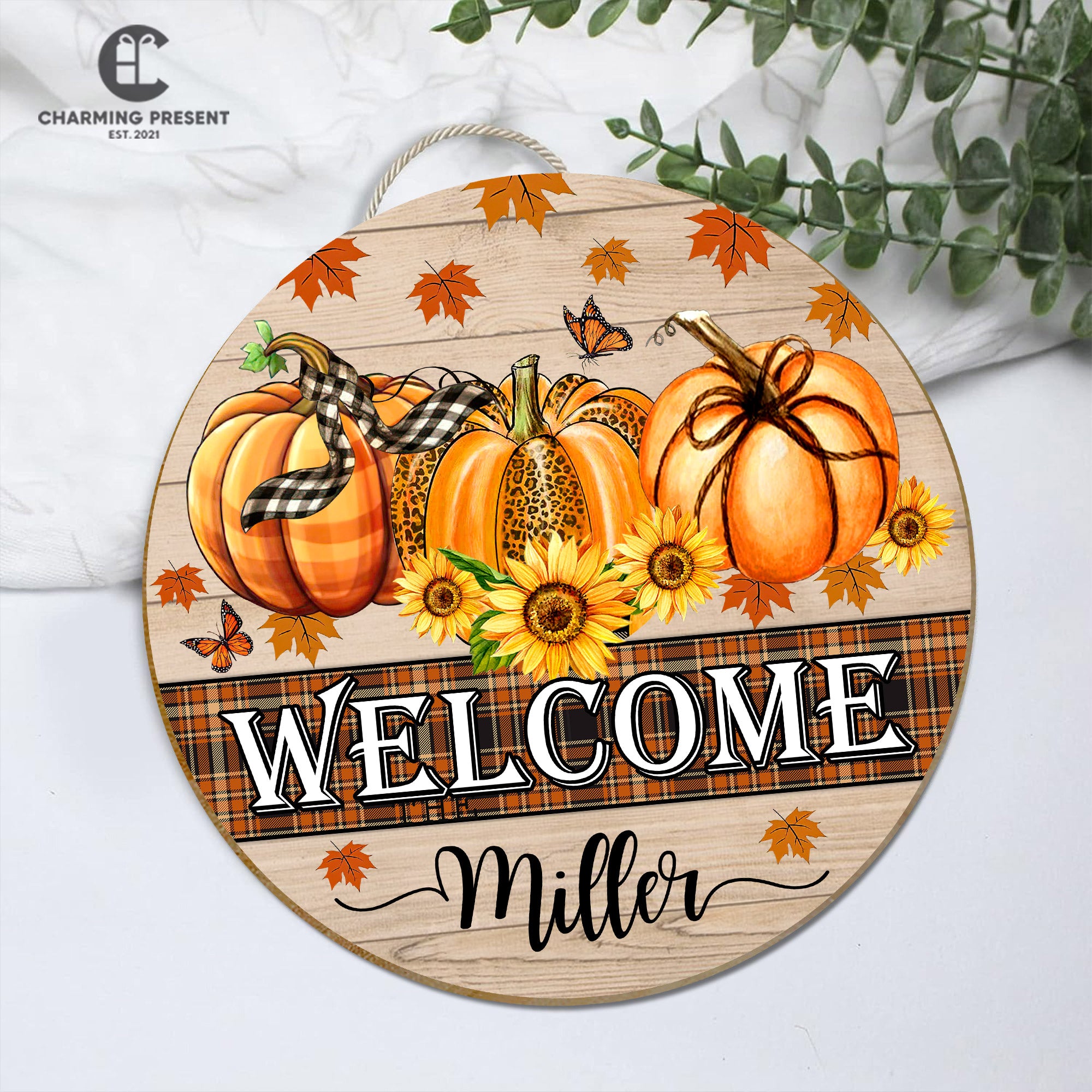 Personalized Fall Front Door Hanger - Family Name Initial Wooden Door Sign