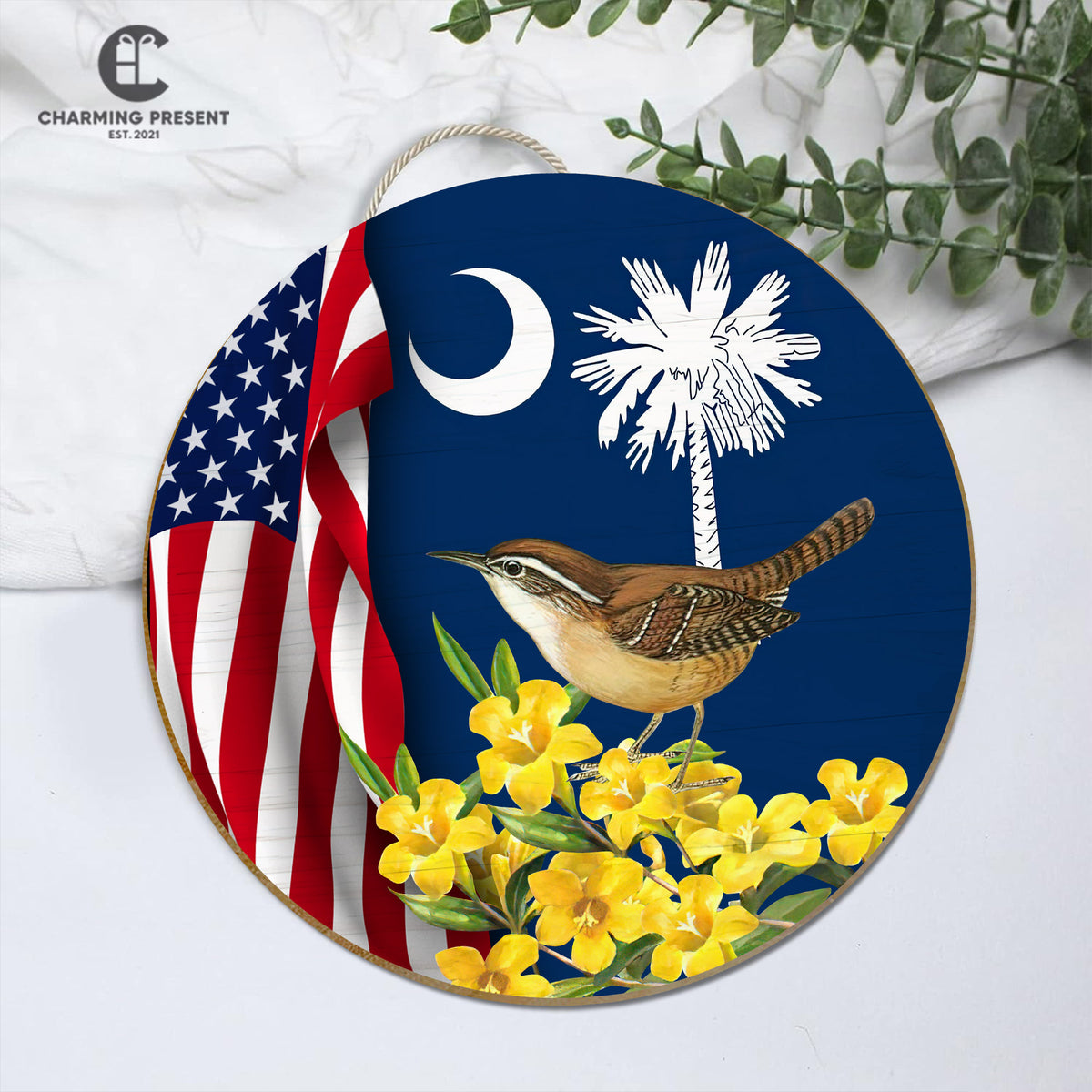 South Carolina State Front Door Hanger - Carolina Wren With Yellow Jessamine Wooden Door Sign