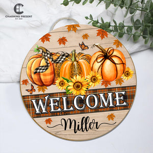 Personalized Fall Front Door Hanger - Family Name Initial Wooden Door Sign