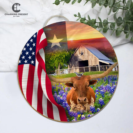 Texas Longhorn Cow Bluebonnet Front Door Hanger - Texas State With Longhorn Cow Wooden Door Sign - Charming Present