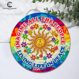 Peace Sign Hippie Front Door Hanger - Imagine All The People Living Life In Peace Wooden Door Sign