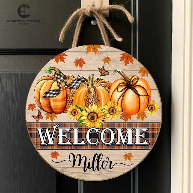 Personalized Fall Front Door Hanger - Family Name Initial Wooden Door Sign - Charming Present