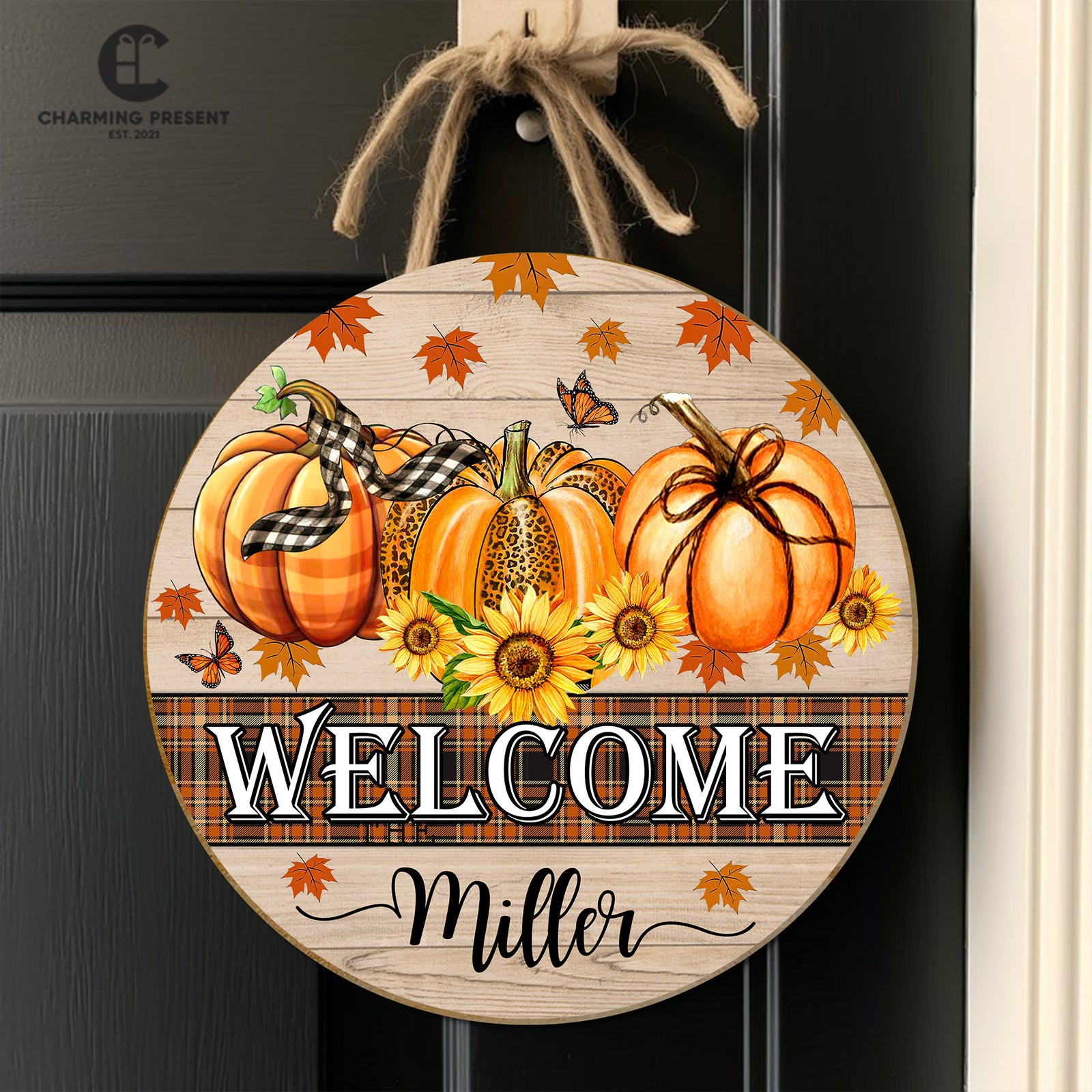 Personalized Fall Front Door Hanger - Family Name Initial Wooden Door Sign