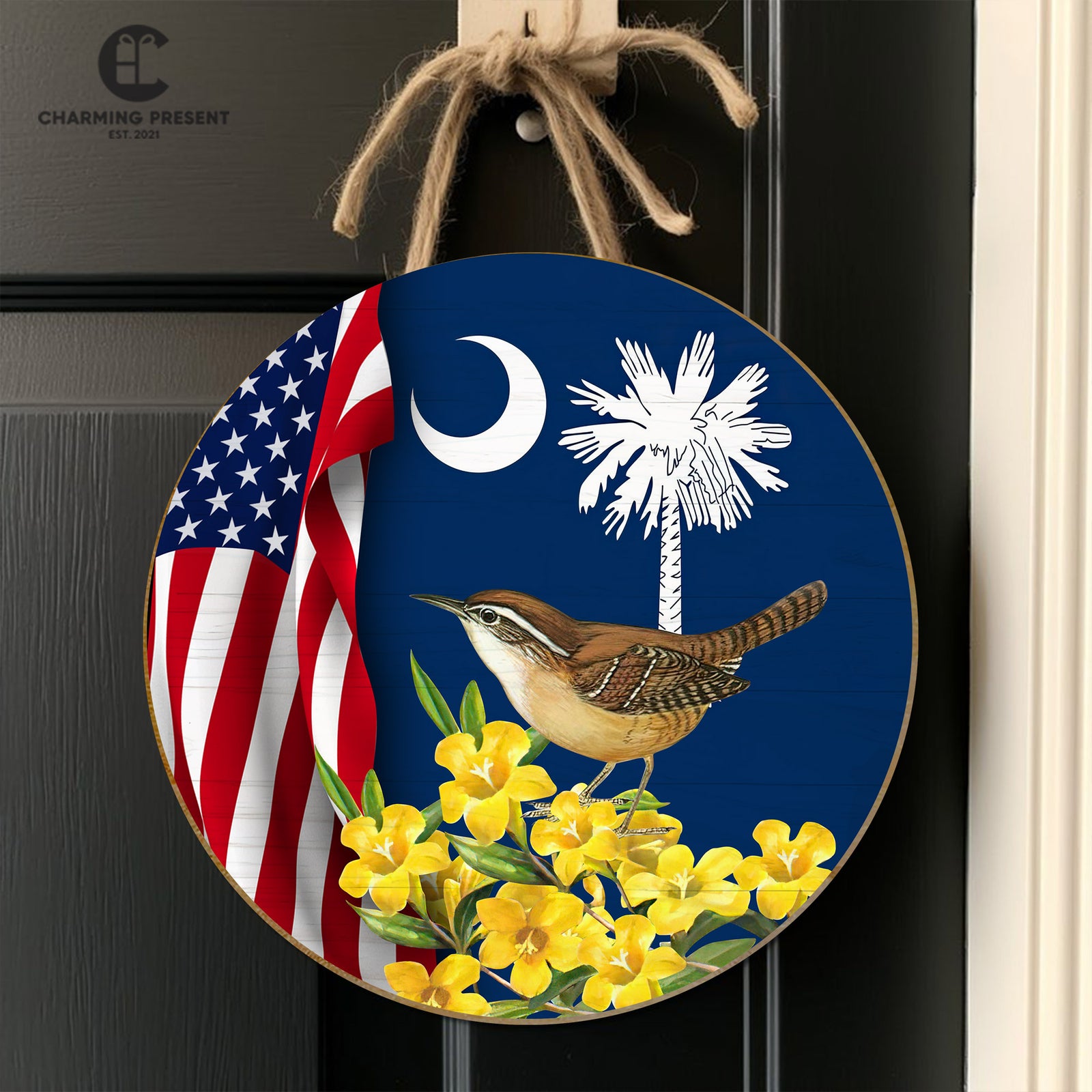 South Carolina State Front Door Hanger - Carolina Wren With Yellow Jessamine Wooden Door Sign