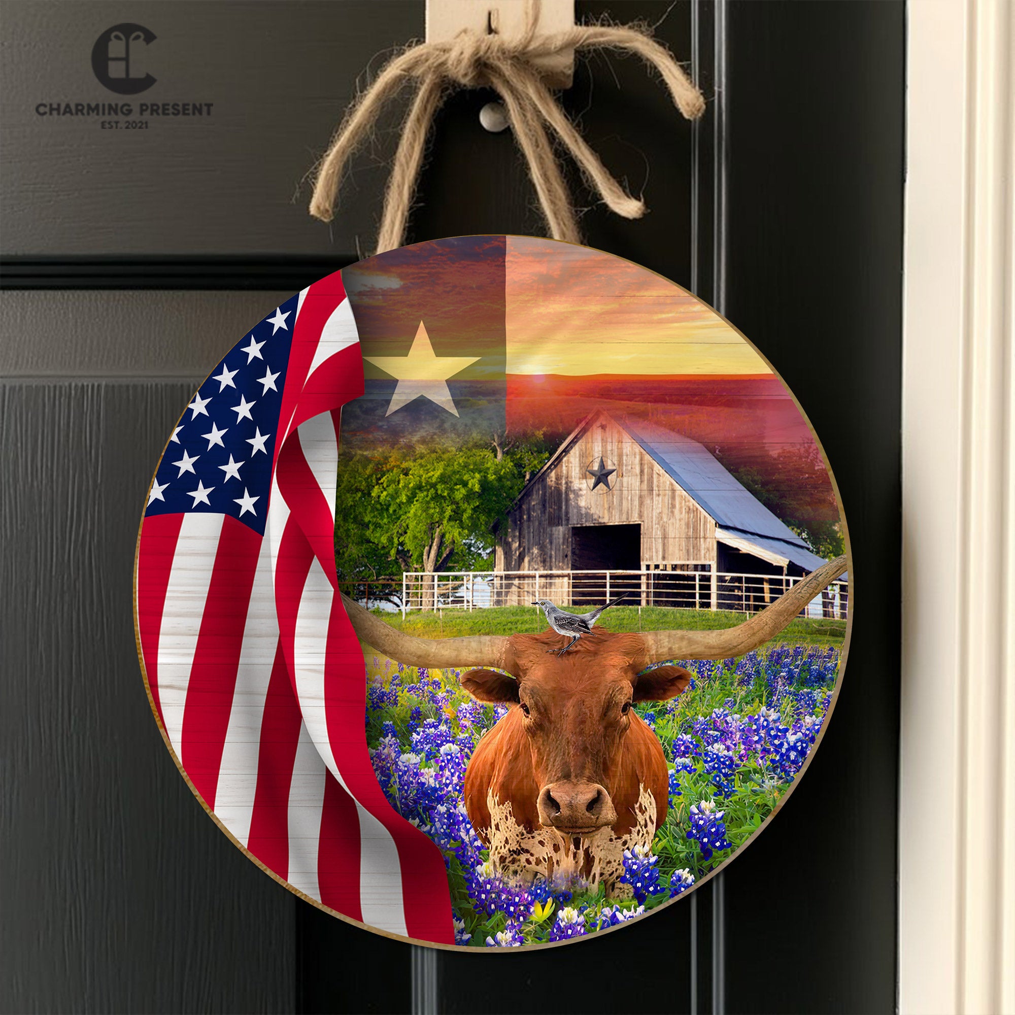Texas Longhorn Cow Bluebonnet Front Door Hanger - Texas State With Longhorn Cow Wooden Door Sign