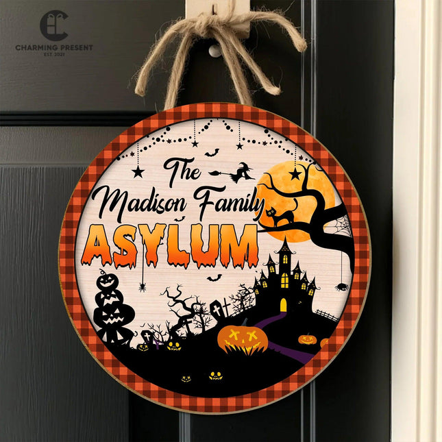 Personalized Halloween Family Asylum Door Sign - Family Name Initial Wooden Door Sign - Charming Present