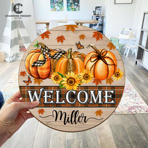 Personalized Fall Front Door Hanger - Family Name Initial Wooden Door Sign