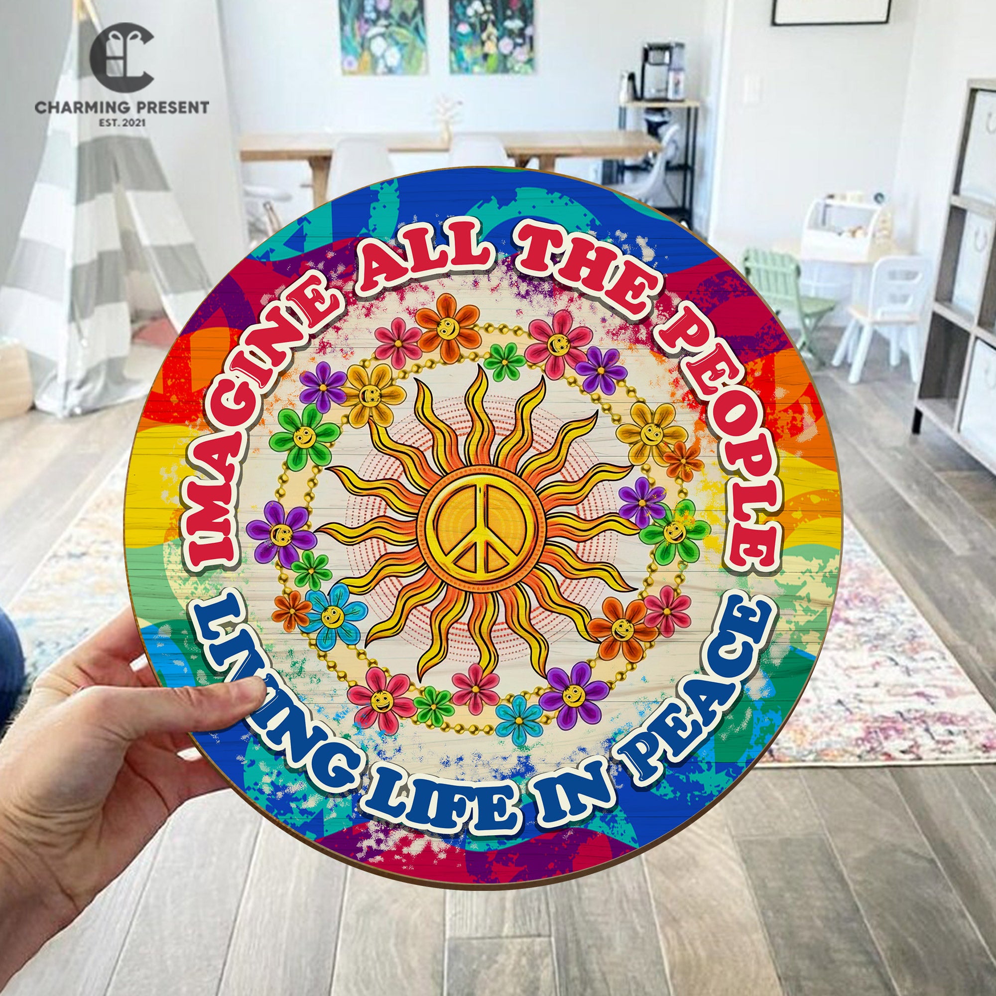 Peace Sign Hippie Front Door Hanger - Imagine All The People Living Life In Peace Wooden Door Sign