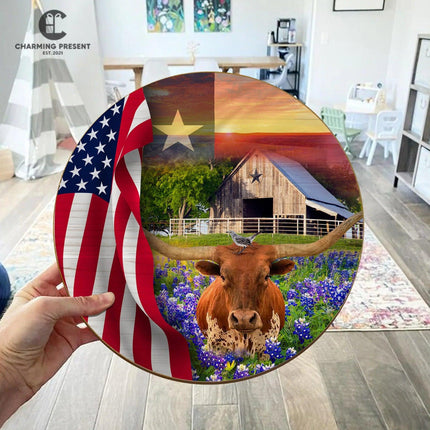 Texas Longhorn Cow Bluebonnet Front Door Hanger - Texas State With Longhorn Cow Wooden Door Sign - Charming Present
