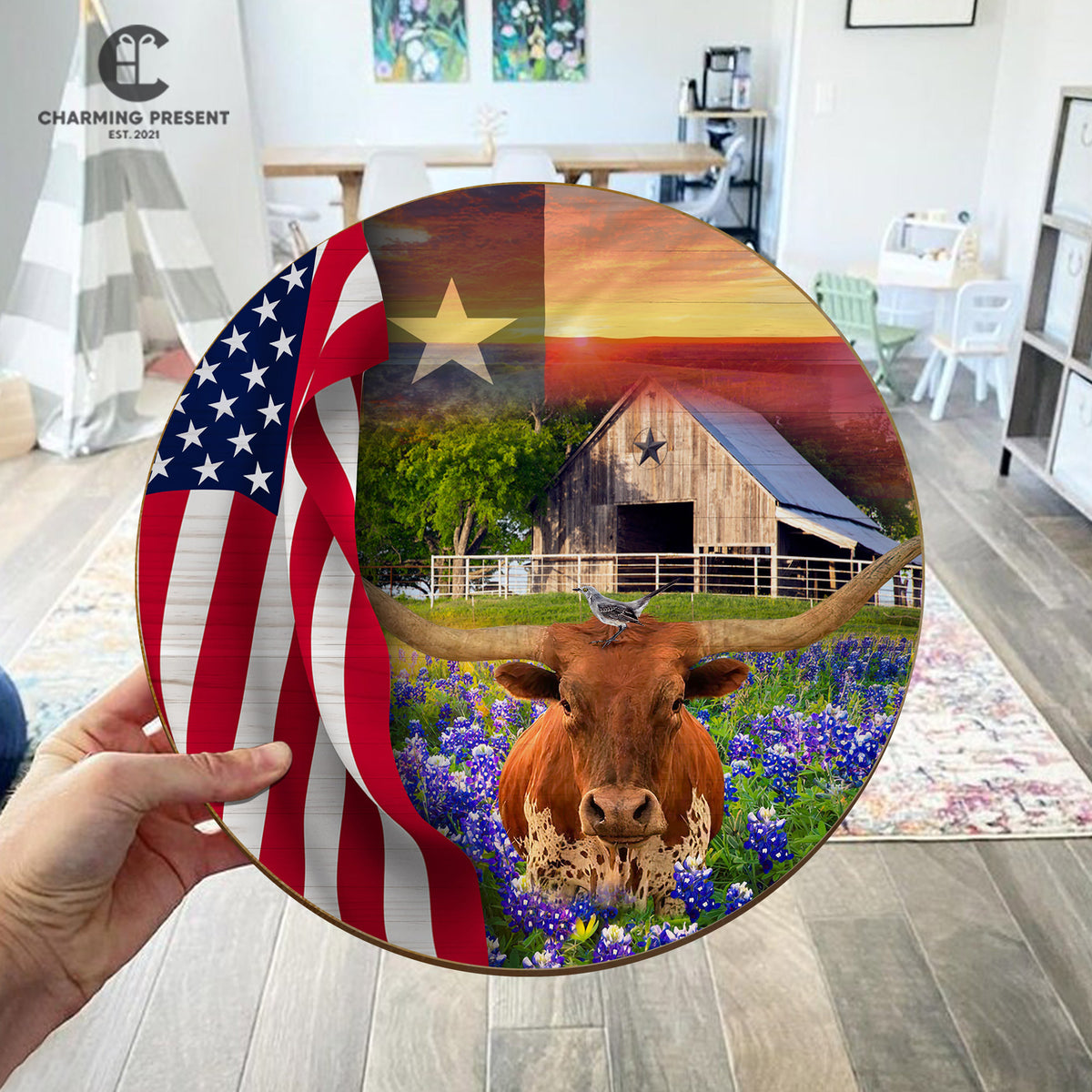 Texas Longhorn Cow Bluebonnet Front Door Hanger - Texas State With Longhorn Cow Wooden Door Sign