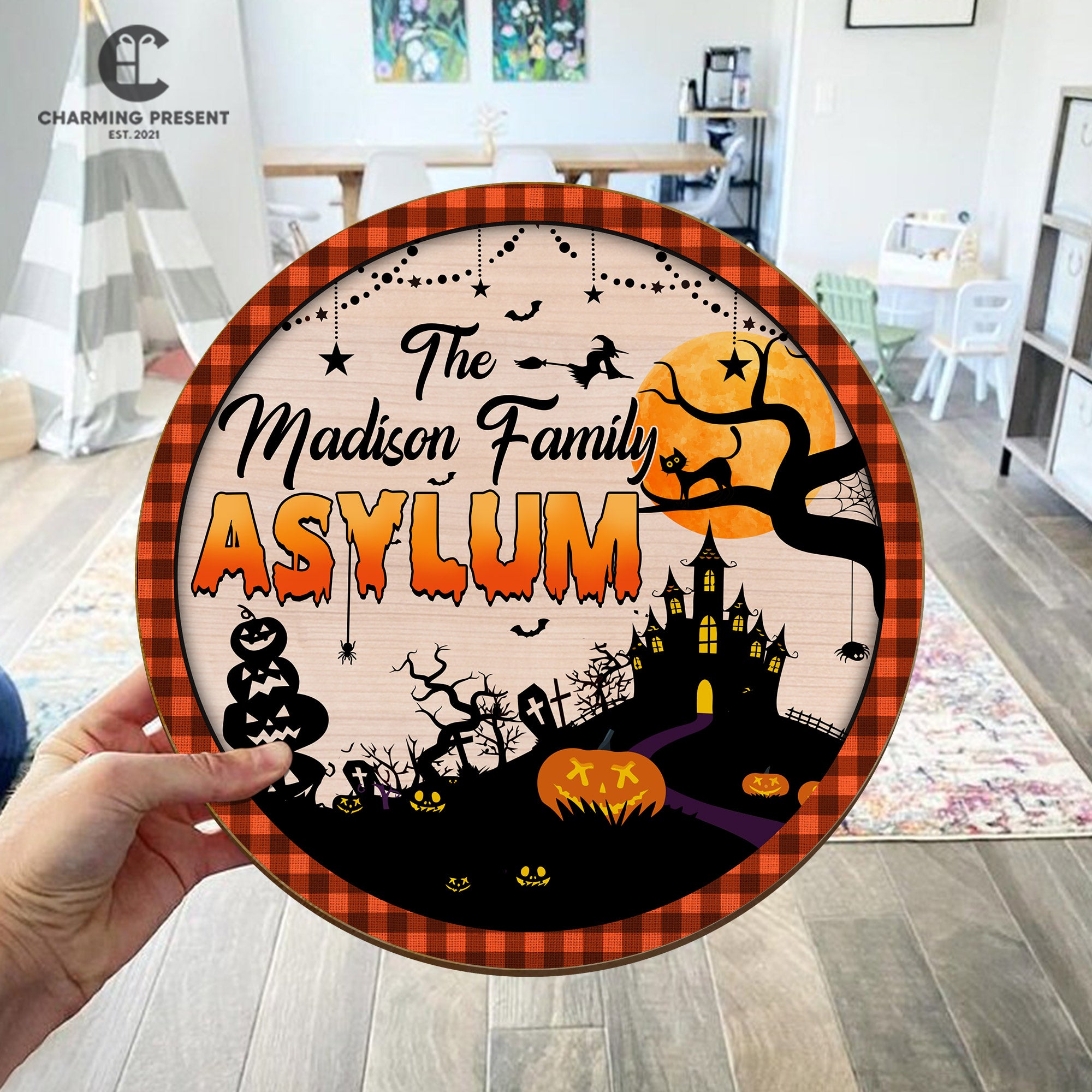 Personalized Halloween Family Asylum Door Sign - Family Name Initial Wooden Door Sign