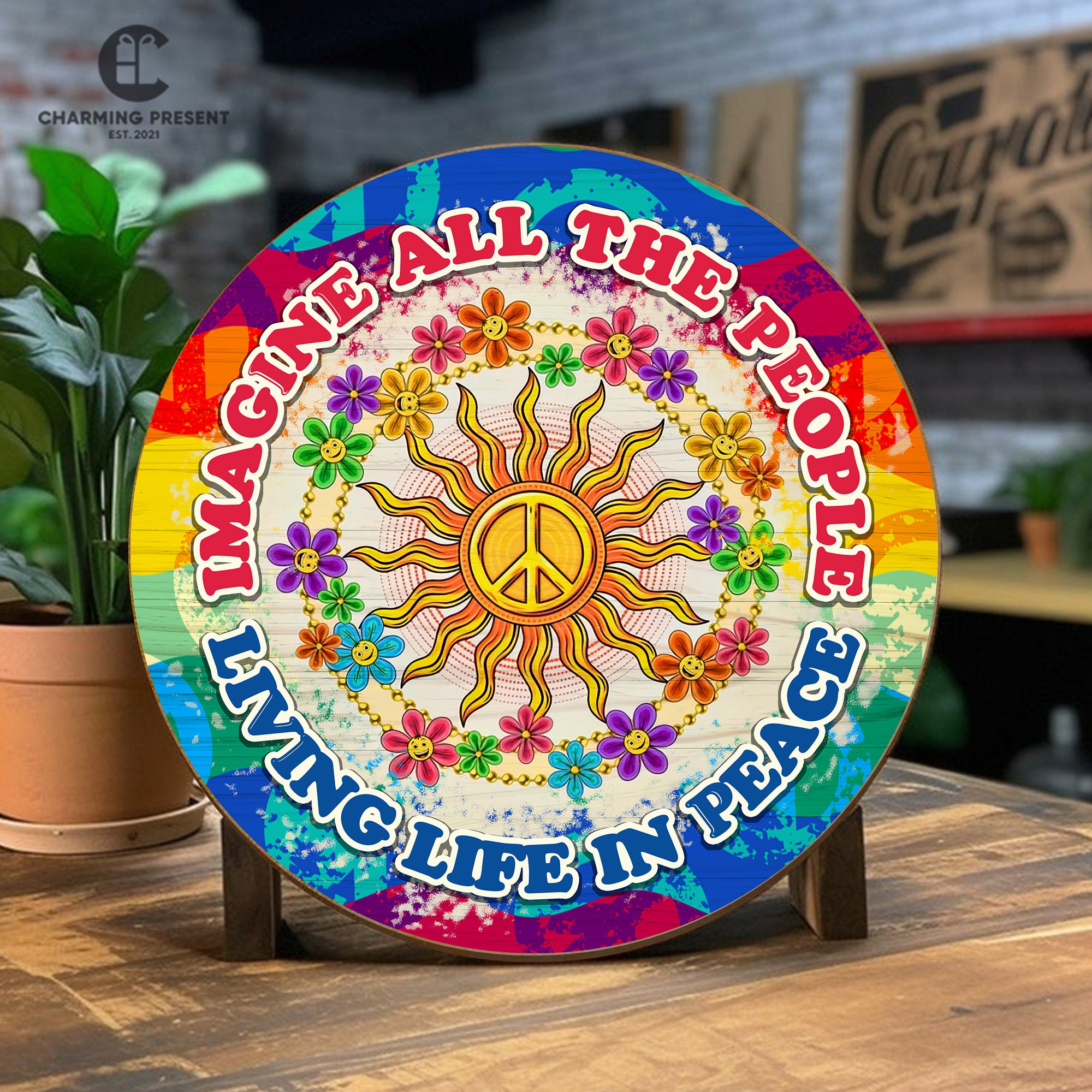 Peace Sign Hippie Front Door Hanger - Imagine All The People Living Life In Peace Wooden Door Sign