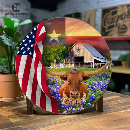 Texas Longhorn Cow Bluebonnet Front Door Hanger - Texas State With Longhorn Cow Wooden Door Sign - Charming Present