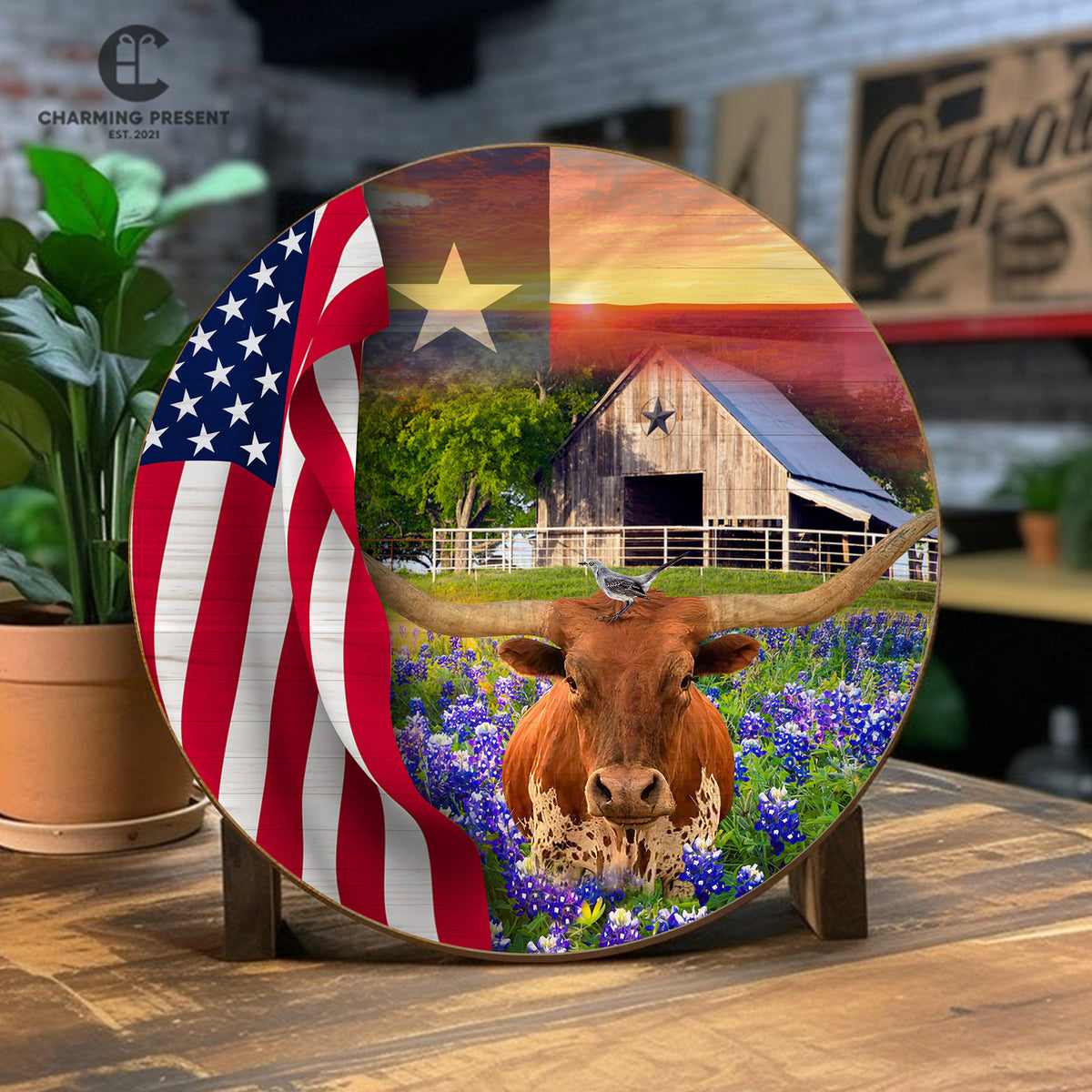 Texas Longhorn Cow Bluebonnet Front Door Hanger - Texas State With Longhorn Cow Wooden Door Sign