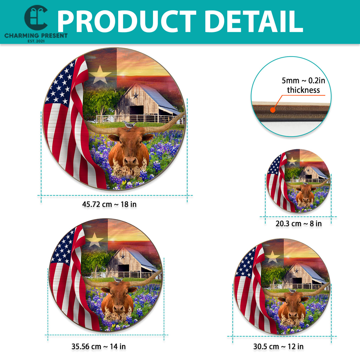 Texas Longhorn Cow Bluebonnet Front Door Hanger - Texas State With Longhorn Cow Wooden Door Sign