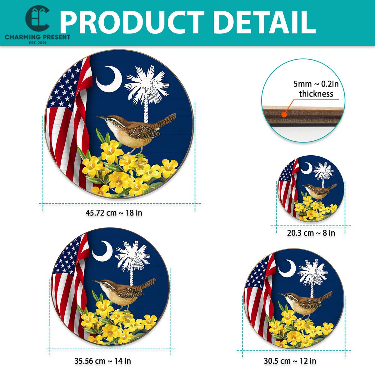 South Carolina State Front Door Hanger - Carolina Wren With Yellow Jessamine Wooden Door Sign