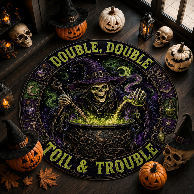 Halloween Round Rug Witch Cauldron Toil and Trouble Doormat