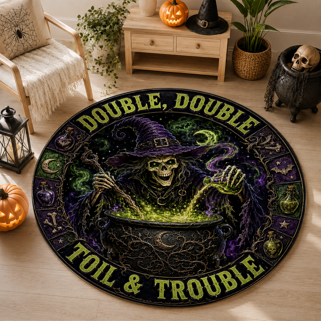 Halloween Round Rug Witch Cauldron Toil and Trouble Doormat