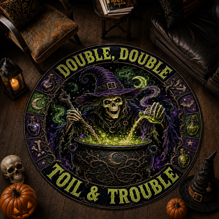 Halloween Round Rug Witch Cauldron Toil and Trouble Doormat