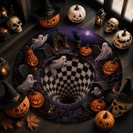 Halloween Round Rug Ghost Graveyard Checkerboard Pit Doormat