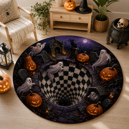 Halloween Round Rug Ghost Graveyard Checkerboard Pit Doormat