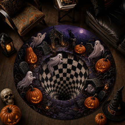 Halloween Round Rug Ghost Graveyard Checkerboard Pit Doormat