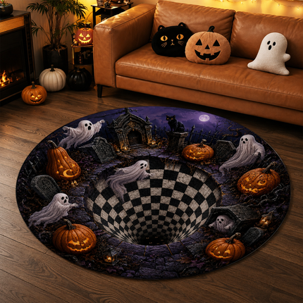 Halloween Round Rug Ghost Graveyard Checkerboard Pit Doormat