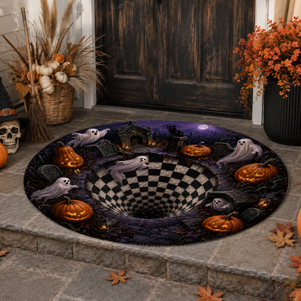 Halloween Round Rug Ghost Graveyard Checkerboard Pit Doormat