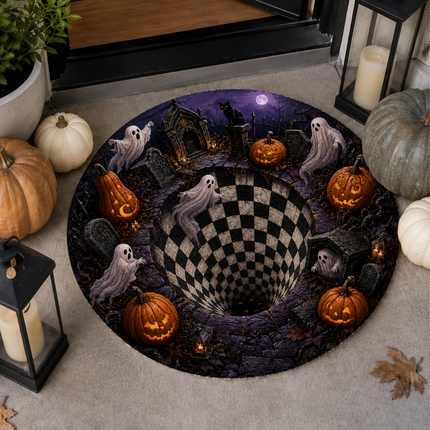 Halloween Round Rug Ghost Graveyard Checkerboard Pit Doormat