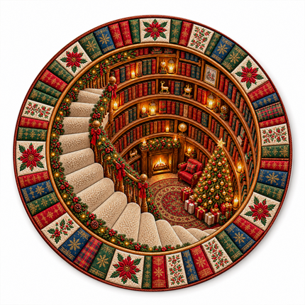 Christmas Round Doormat with Cozy Library Scene
