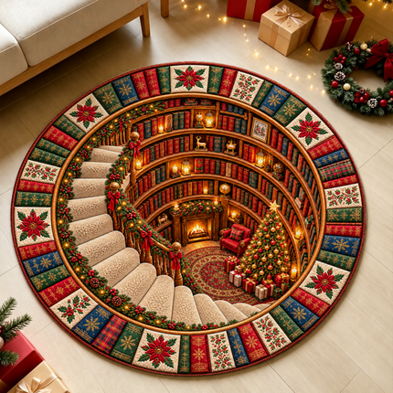 Christmas Round Doormat with Cozy Library Scene