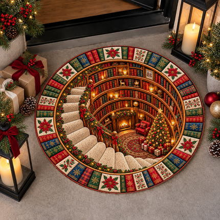 Christmas Round Doormat with Cozy Library Scene