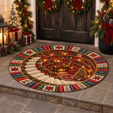 Christmas Round Doormat with Cozy Library Scene