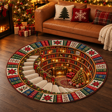 Christmas Round Doormat with Cozy Library Scene