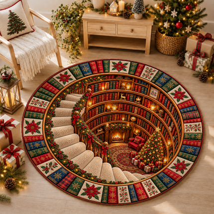 Christmas Round Doormat with Cozy Library Scene