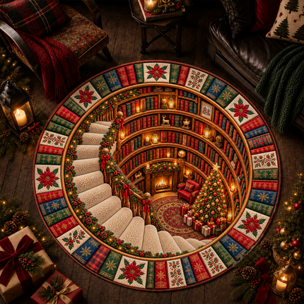 Christmas Round Doormat with Cozy Library Scene