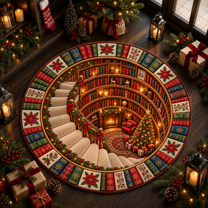 Christmas Round Doormat with Cozy Library Scene