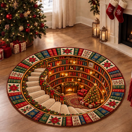 Christmas Round Doormat with Cozy Library Scene