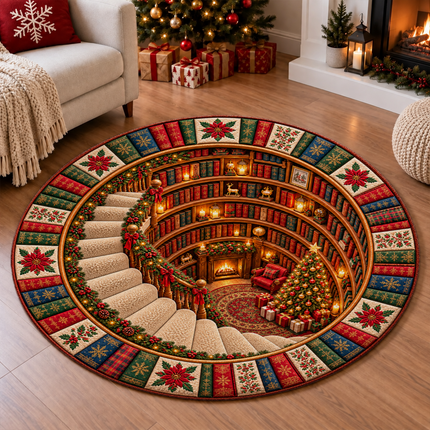 Christmas Round Doormat with Cozy Library Scene