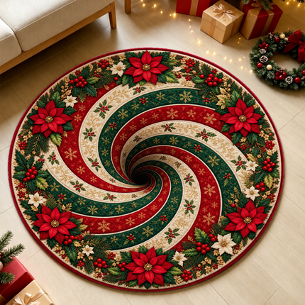 Christmas Round Doormat with Poinsettia Swirl Rug